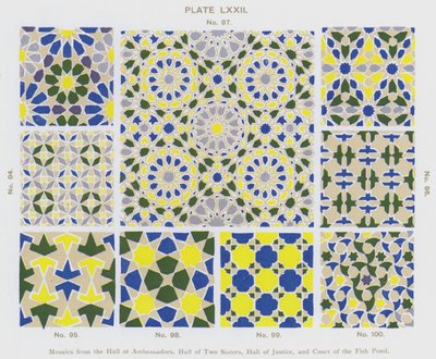 Mosaikker fra Hall of Ambassadors, Hall of Two Sisters, Hall of Justice og Court of the Fish Pond (farve litho) af Spanish School