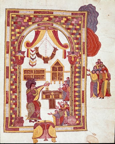 Mozarabisk kunst: "" Jerusalems tempel, Aron er repræsenteret som en ypperstepræst foran et alter." Miniature fra en mozarabisk bibel. 10. århundrede. Leon. Bibliotek for Royal Collegiale of Saint Isidore. Spanien af Spanish School