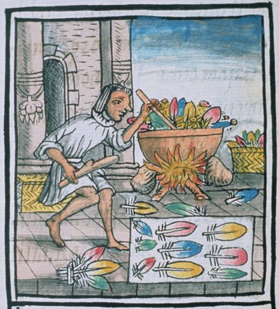 Fru Palat. 218-220 aztekiske håndværkere, der farver fjer, fra 