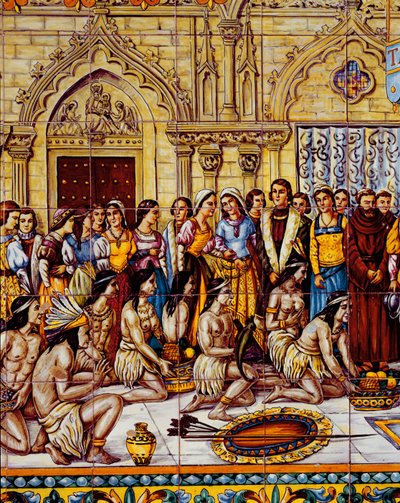 Indfødte amerikanere bragte følget af Columbus til Spanien i 1492 (keramik) af Spanish School