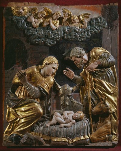 Nativity, detalje af en renæssancealtertavle (malet og forgyldt træ) af Spanish School