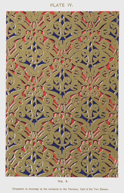 Ornament i døråbningen ved indgangen til Ventana, Hall of the Two Sisters (farve litho) af Spanish School