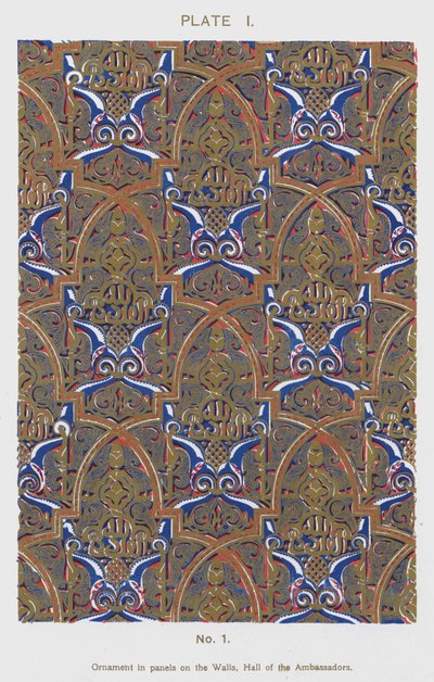 Ornament i paneler på væggene, Hall of the Ambassadors (farve litho) af Spanish School