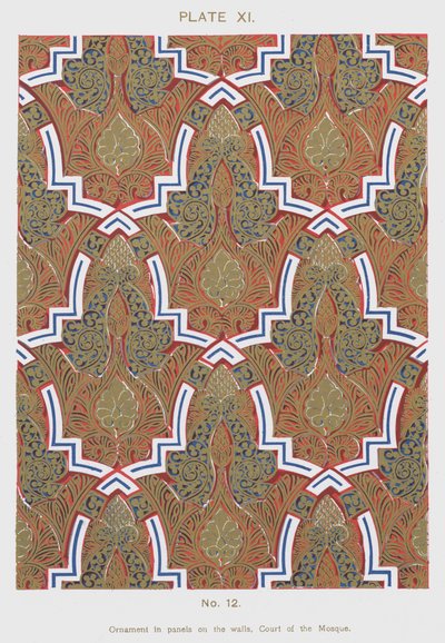Ornament i paneler på væggene, Court of the Mosque (farve litho) af Spanish School
