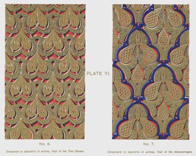 Ornament i buer, Hall of the Two Sisters, Ornamenter i spandriller af buer, Hall of the Abencerrajes (farve litho) af Spanish School