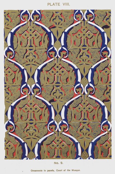 Ornamenter i paneler, Court of the Mosque (farve litho) af Spanish School