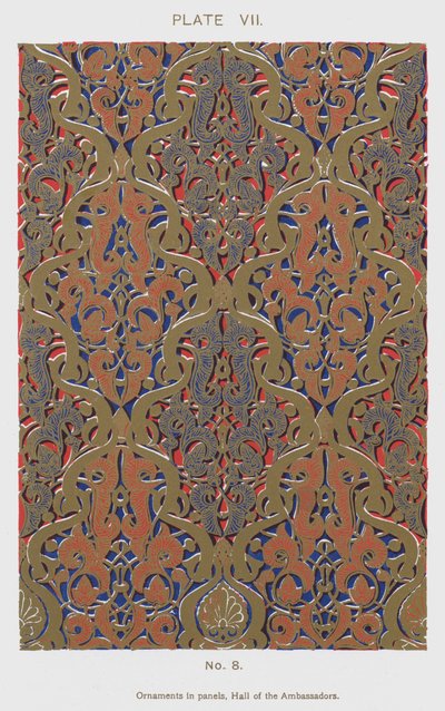 Ornamenter i paneler, Hall of the Ambassadors (farve litho) af Spanish School