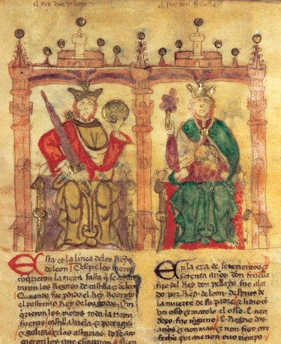 Pelagius (685-737), grundlæggeren af Asturias Kongerige og hans barnebarn Fruela I (722-68) (pigment på vellum- af Spanish School