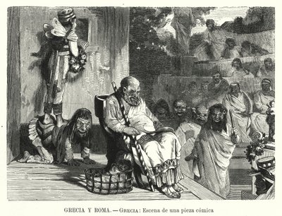 Opførelse af en komedie i et teater i det antikke Grækenland (litho) af Spanish School