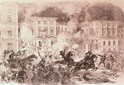 Populistiske opstande i Madrid, oprørerne forsøger at sætte ild til dronning Maria Christinas palads i 1854 (litho) af Spanish School