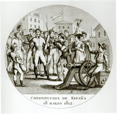Proklamation af den liberale forfatning af 18. marts 1812 af patrioterne, promulgeret i Cadiz af Cortes af Spanish School