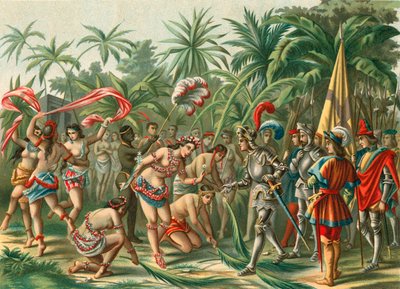 Modtagelse fra Anacaona, kaldet Den Gyldne Blomst, på Hispaniola for Bartholomew Columbus og Hermano del Almirante af Spanish School