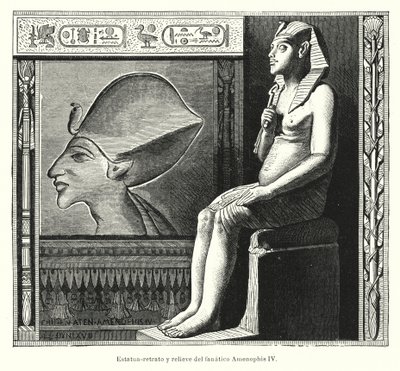 Siddende statue og relief af den gamle egyptiske farao Akhenaten (Amenhotep IV) (litho) af Spanish School
