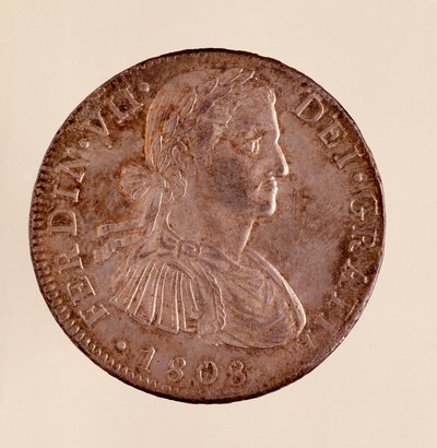 Sølvmønt (8 reales) fra Spanien: Ferdinand VII (Ferdinandos) regeringstid (1808-1833). 1808 Diam. 3,9 cm Napoli, museo archeologico af Spanish School