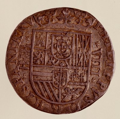 Sølvmønt (8 reales) fra Spanien: Filips (Filippo eller Philippe) II (1556-1598) regeringstid. 1589 Diam. 3,5 cm Napoli, museo archeologico af Spanish School