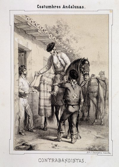 Smuglere, "" Andalusiske kostumer"" af D Antonio Chaman af Spanish School