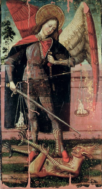 St. Michael Weighing Souls (tempera på panel) af Spanish School