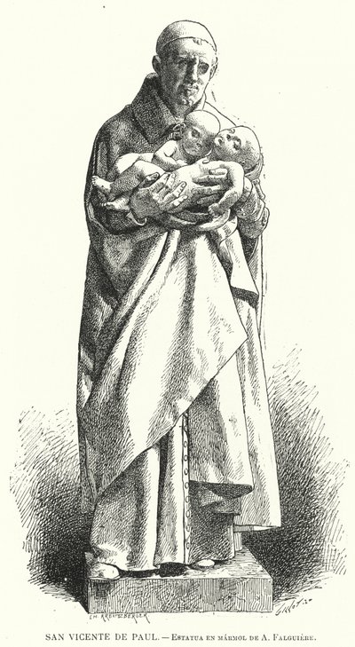 St Vincent de Paul, fransk katolsk præst, marmorstatue af Jean Alexandre Joseph Falguiere (litho) af Spanish School