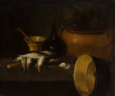 Stilleben med fisk og artiskokker (olie på lærred) af Spanish School