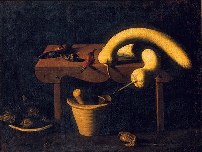 Stilleben med peberfrugt og græskar på en bænk med morter og støder og døde fugle, ca. 1620 (olie på lærred) af Spanish School