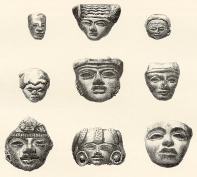 Stenhoveder og masker fundet i Teotihuacan, Mexico af Desiré Charnay under hans ekspedition i 18801883 af Spanish School