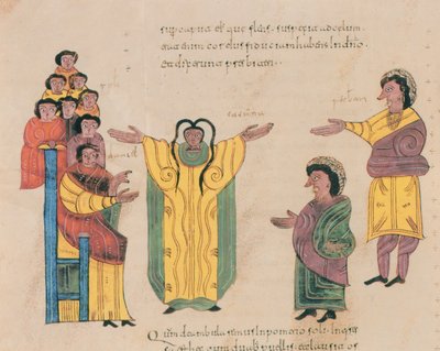 Susanna og de ældste, fra St. Isidores visigotisk-mozarabiske bibel, fol.324v., 960 e.Kr. (tempera på vellum) af Spanish School
