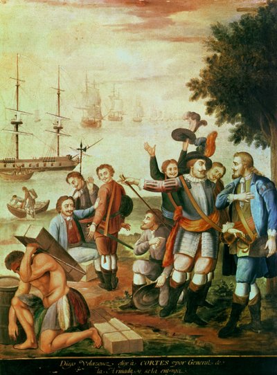 Erobringen af Mexico: Diego Velasquez de Cuellar (1465-1524) vælger Hernando Cortes (1485-1547) som general for Armadaen og giver ham kommandoen (olie på lærred) af Spanish School
