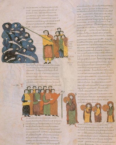 Krydset af Det Røde Hav og de hebraiske kvinders dans til lyden af Moses og hans akkompagnatørers tamburiner, fra St. Isidores visigotisk-mozarabiske bibel, fol. 39., A.D. 960 (tem. af Spanish School