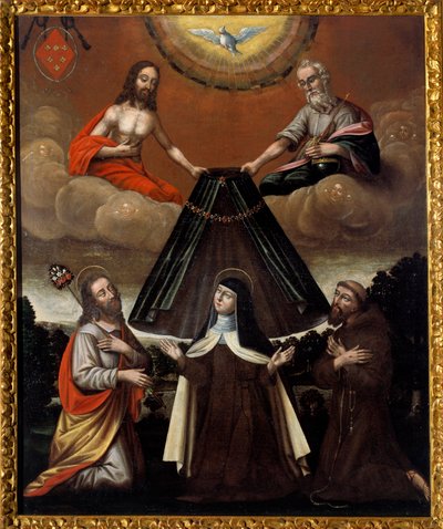 Den Hellige Treenighed bærer den hellige Therese af Avilas kappe Også kaldet Therese af Jesus, reformator af Karmel (død 1582). Maleri af den spanske skole. 1600-tallet. Saint Denis, Museum of Art and History af Spanish School