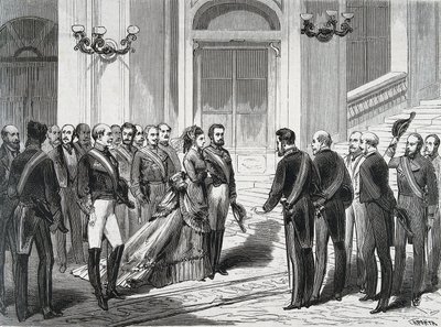 Kongen af Spanien Amedee I (Amedeo Ferdinando Maria di Savoia) (1845-1890) og hans hustru Queen Mary Victory dal Pozzo della Cisterna (1847-1876) ved deres ankomst til det kongelige palads i Madrid den 19/03/1871. Gravering fra ""La Ilustracion Espanola y  af Spanish School