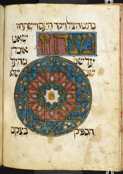 Matsah (usyret brød), en af de obligatoriske fødevarer, der indtages under påskefesten, fra Den Gyldne Haggadah, Add. 27210, f. 44v (vellum) af Spanish School