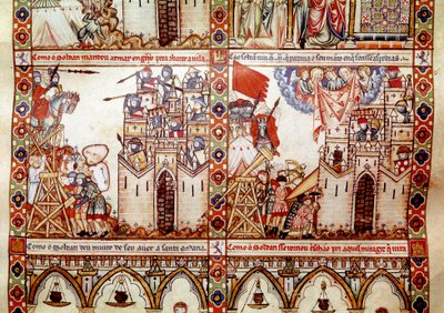 Saracenerne belejrede en kristen by. Detalje fra én side taget fra et manuskript af Sangen om Sankt Maria (Cantigas de Santa Maria), udsmykning af miniaturer dedikeret til Sankt Maria og hendes mirakler, en samling af sange genopbygget under Alfons rege af Spanish School