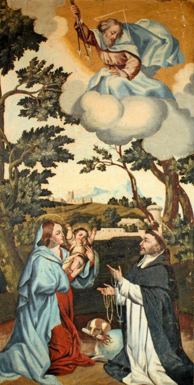 Jomfru Maria præsenterer Jesus for St. Dominic (se også 308142) af Spanish School