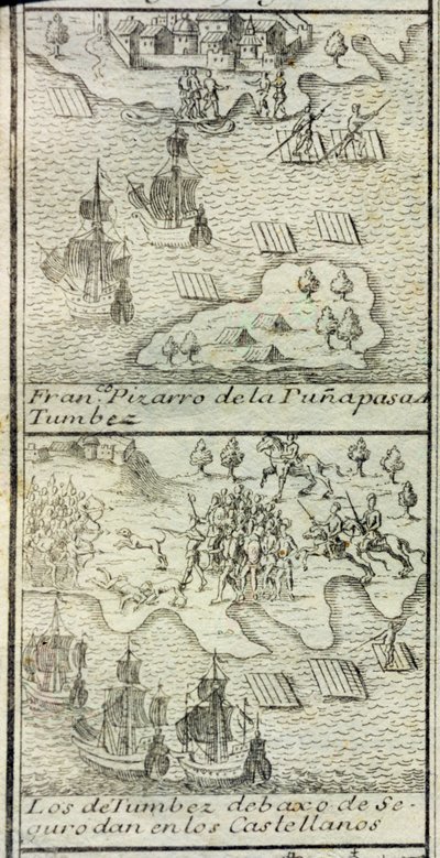 Francisco Pizarros ankomst med 180 mand og tre skibe til Tumbes af Spanish School