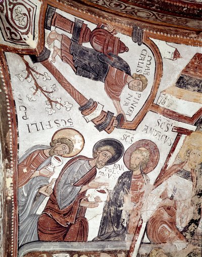 Månedernes cyklus: en tjener tilbyder en drink til apostlene (Saint Andre, Saint Barthelemy og Saint Philip). Detalje af en fresko fra det 12. århundrede fra Royal Pantheon of the Real Colegiata of San Isidoro (Royal Collegiale of Saint Isidore). Leon. Spa af Spanish School