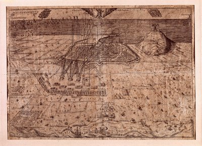Ophævelsen af Catalonien eller høstmændenes krig (1640-1659), Barcelonas hovedkvarter til søs og til lands af Filip IV af Spaniens tropper (1605-1665). Stik 1652. Byhistorisk Museum, Barcelona. af Spanish School