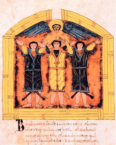 De tre hebræere, Shadrak, Meshak og Abed-Nego, støbt i ovnen af Nebukadnezzar, fol.318v, fra den visigotisk-mozarabiske bibel fra St. Isidore