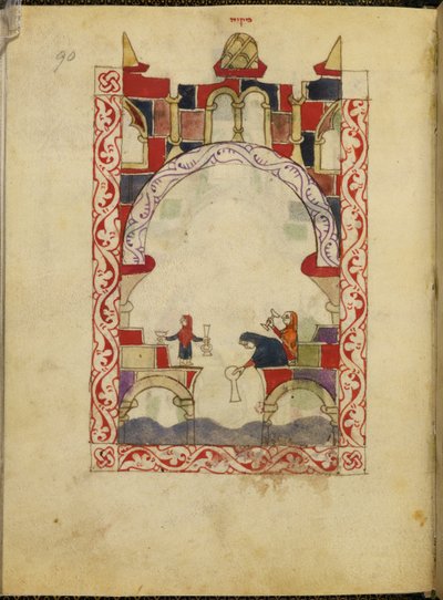 Tre kvinder nedsænker kar i en pool. Oplyst manuskript af en latinamerikansk-morsk haggadah, ca. 1300, Spanien, Or. 2737, fol. 90 (vellum) af Spanish School