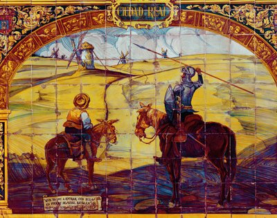 Fliser, der forestiller Don Quixote og Sancho Panza, der forbereder sig på at angribe vindmøllerne (keramik) af Spanish School