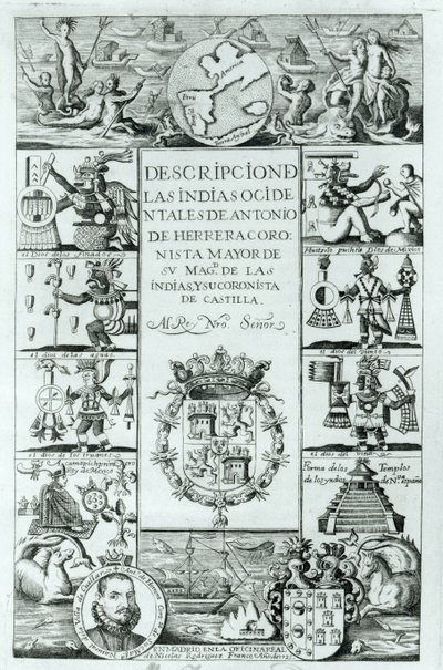 Titelside på Beskrivelse af Vestindien af ​​Antonio de Herrera y Tordesillas, Madrid-udgaven, 1725 af Spanish School