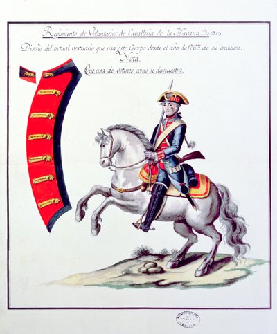 Uniform for de frivillige fra Havana-kavaleriregimentet, 1763 (tryk) af Spanish School