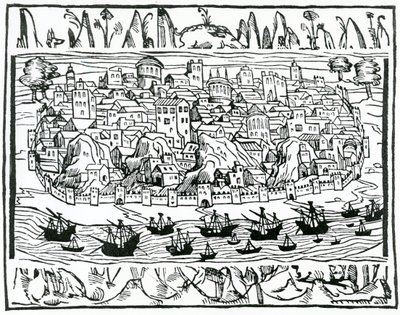 Udsigt over Lissabon fra Libro de Grandezas y cosas Memoralder de Espana af Pedro Medina, 1548 af Spanish School