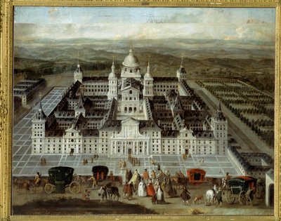 Udsigt over Escorial Palace i Spanien bygget af Philip II i det 16. århundrede. Anonymt spansk maleri fra det 17. århundrede. Olie på lærred. Mål: 1,89 x 2,41 m. af Spanish School