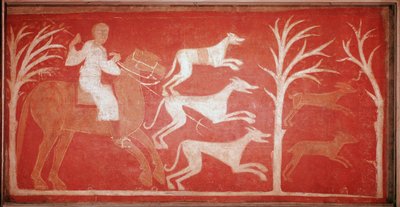 jagtscene, der forestiller hunde, der løber efter spillet. 1150. Kalkmaleri fra eremitagen Baudelio de Berlanga, Soria. Bevares på Prado-museet. af Spanish School