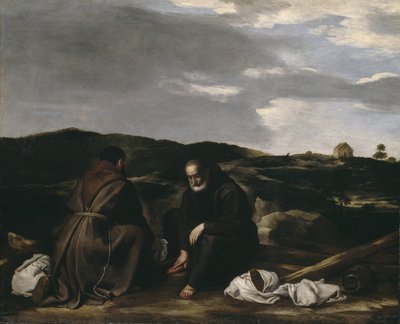 To munke i et landskab, ca. 1645 af Spanish or Italian School