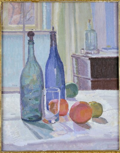 Blå og grønne flasker og appelsiner af Spencer Frederick Gore