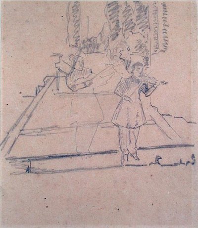 The Musicians at the Footlights, ca. 1910 (blyant på buff-papir) af Spencer Frederick Gore