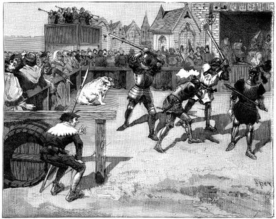 Four blind men placed in a ring to fight a large pig, c14th-15th century 1882-1884.dani af Spex