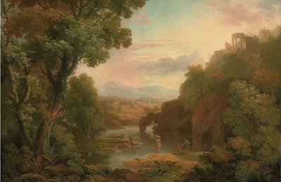 Et klassisk landskab med fiskere og en vaskekone, en villa på en bakketop og bjerge bagved. af Sr. George Barret