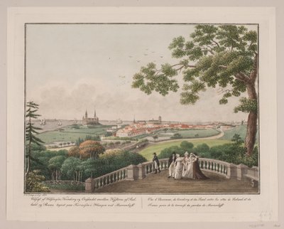 Udsigt af Helsingør, Kronborg og Øresundet imellem kysterne af Sjælland og Skåne. Tegnet på terrassen i hangen ved Marienlyst af Søren L. Lange